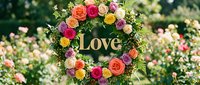 Colorful floral wreath with roses in pink, yellow, purple, and orange surrounding a gold Love sign in a lush garden setting.