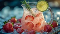 Refreshing strawberry lemonade cocktail garnished with fresh lime slice, rosemary sprig and ice cubes, surrounded by ripe strawberries on blue background.