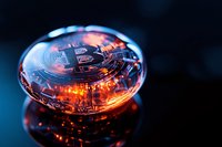 Glowing cryptocurrency coin with orange and blue reflections on dark background, dramatic lighting creates futuristic atmosphere for finance concepts.