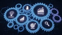 Business strategy concept with interconnected gears showing growth charts, lightbulb innovation, target goals and analytics on dark blue background.
