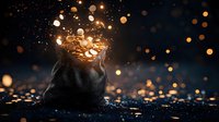 Magical glowing pouch with golden light and sparkles emerging from open velvet bag against dark background, creating mystical atmosphere and bokeh effect.