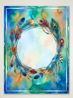 Ornamental feather wreath with watercolor background in turquoise, gold, and blue tones. Decorative circular frame with peacock and tribal feathers, isolated on white space for greeting cards, invitations, and wall art.