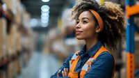 Young African American female warehouse worker with natural curly hair and orange safety vest smiling confidently while working in large distribution center storage facility.