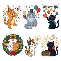Cartoon cats celebrating holidays with party hats, champagne, ornaments, wreaths, and fireworks. Isolated festive feline characters on transparent background for seasonal designs.