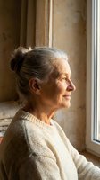 Peaceful senior woman with gray hair in cream sweater gazing thoughtfully through window with warm natural light creating serene atmosphere for wellness content.