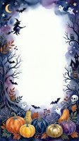 Halloween watercolor frame with pumpkins, witch, ghosts, bats, owls, moon and stars on white background for seasonal greeting cards and invitations.