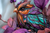 Decorative fantasy bird sculpture with vibrant turquoise, orange and purple feathers adorned with ornate details against soft floral background.