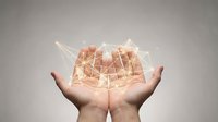 Hands holding glowing digital network mesh structure with connected lines and nodes, representing data technology, artificial intelligence, and global connectivity for business solutions.