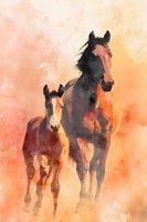 Watercolor painting of mare and foal horses in warm orange sunset tones. Artistic equine family portrait with soft brushstrokes and dreamy atmosphere.