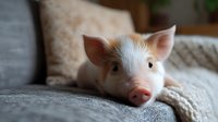 Adorable pink and white piglet resting on gray couch with knitted blanket, close-up portrait showing curious expression and perked ears. Perfect for animal care concepts.