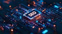 SEO microchip on illuminated circuit board with glowing connections and electronic components for digital marketing and search engine optimization concepts.