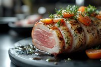 Bacon-wrapped pork tenderloin with herbs and cherry tomatoes on slate board, gourmet restaurant dish ready for fine dining presentation.