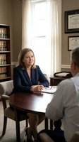 Middle-aged Caucasian female attorney in navy blazer conducting client consultation at wooden desk in professional law office with bookshelves, certificates, and natural window light.