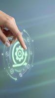 Hand touching glowing holographic gear interface with digital icons and circular arrows, representing technology, automation, settings, and innovation in business solutions.