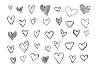 Hand drawn heart doodles collection on white isolated background, black outline sketch style elements for romantic design, valentines and wedding decor.