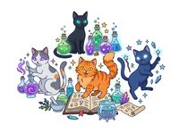 Magical orange, black, and gray cats surrounded by colorful potion bottles, spell books, and mystical elements on white background. Isolated clipart for designs.