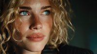 Young blonde woman with curly hair and blue eyes looking away pensively in dramatic lighting for portrait photography and emotional storytelling concepts.