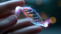 Glowing DNA helix structure floating between fingers with colorful neon lights and bokeh effects against dark background, representing genetic research and biotechnology.