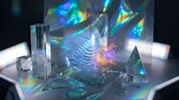 Holographic crystal prisms creating rainbow light refractions and optical illusions on reflective surface with digital wave patterns and particle effects.