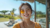 Young woman with East Asian ethnicity wearing yellow-tinted sunglasses and casual clothing, smiling outdoors in tropical resort setting with palm trees and water features visible in background.