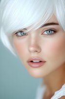 Close-up portrait of young woman with platinum white hair, bright blue eyes, natural freckles and soft makeup against blurred turquoise background.