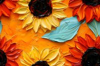 Vibrant oil painted sunflowers with thick textured petals in yellow and orange against turquoise leaves create bold floral composition on orange background.
