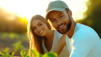 Young diverse couple smiling outdoors at sunset, with man wearing baseball cap and woman with long hair. Natural golden lighting creates romantic mood.