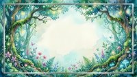 Enchanted forest frame with lush tropical foliage, flowering vines and mystical lighting creating magical border for fantasy designs and storytelling.