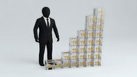 Business professional climbing golden gift box stairs symbolizing career growth success and achievement in corporate environment.