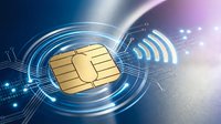 Contactless payment chip with glowing digital circuits and wireless signal waves on futuristic blue purple background for fintech applications.