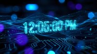 Digital clock display showing 12:05:00 PM with glowing blue neon numbers floating over futuristic circuit board background with bokeh lights and data streams.