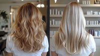 Blonde hair transformation showing before and after professional coloring results in salon setting. Natural waves styled with modern balayage technique creates soft dimensional look.