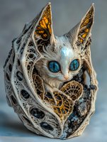 Mystical cat figurine with intricate lace-like patterns in white and gold, featuring bright blue crystal eyes and delicate filigree details. Fantasy art sculpture.