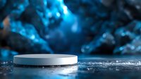 Dramatic white round platform on reflective surface with ethereal blue smoke and dark background creates mysterious atmospheric product display setting.