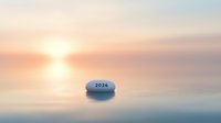 Smooth pebble with number 2026 on calm water surface against soft pastel sunset sky, reflecting peaceful zen atmosphere. Perfect for wellness and future concepts.