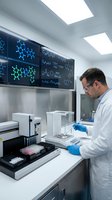 Male scientist in white lab coat working with precision scale in modern laboratory with molecular structure displays on monitors for research analysis.