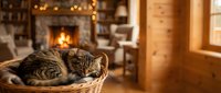 Cozy tabby cat sleeping peacefully in wicker basket by warm fireplace in rustic wooden cabin interior with soft bokeh lights creating homely atmosphere.
