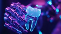 Glowing neon tooth cross-section held by robotic hand in purple and blue colors shows dental anatomy and modern dentistry concept against dark background.