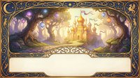 Fantasy castle landscape with ornate golden frame and mystical atmosphere for storybook illustrations and fairy tale designs.