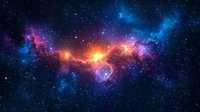 Vibrant cosmic nebula with glowing orange and pink clouds against deep blue space background, illuminated by bright stars and stellar formations.