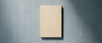 Light wood rectangular panel mounted on gray concrete wall, showcasing natural grain texture for interior design and architecture concepts.