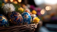 Festive blue and gold ornamental balls in wicker basket with fresh flowers and soft bokeh lights create magical holiday atmosphere. Perfect for seasonal decor.
