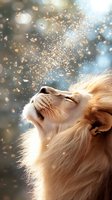 Majestic white lion looking up at falling golden particles against mystical blue bokeh background, capturing moment of wonder and natural beauty in wildlife.