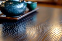 Textured wooden table surface with blurred traditional teapot in background creates atmospheric composition highlighting natural grain patterns and warm tones.