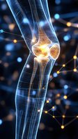 Digital visualization of knee joint anatomy with glowing wireframe structure and neural network background, highlighting bone and cartilage for medical education.