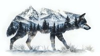 Double exposure silhouette of gray wolf with snowy mountain peaks, winter forest and evergreen trees creating nature scene within animal shape on white background.