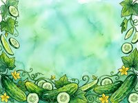 Watercolor cucumber and lemon frame with green leaves and yellow flowers on soft aqua background, isolated design element for food packaging, recipe cards, and culinary marketing materials.