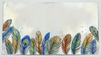 Watercolor feathers border on textured paper background, colorful boho feathers in blue, green, and brown tones with copy space for text.