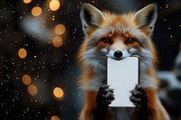 Red fox holding smartphone with blank screen against dark background with golden bokeh lights and sparkles. Concept for digital technology and wildlife.