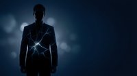 Silhouette of a man wearing a suit with glowing electric energy lines across his chest against a dark blue background with bokeh lights, representing power and innovation.